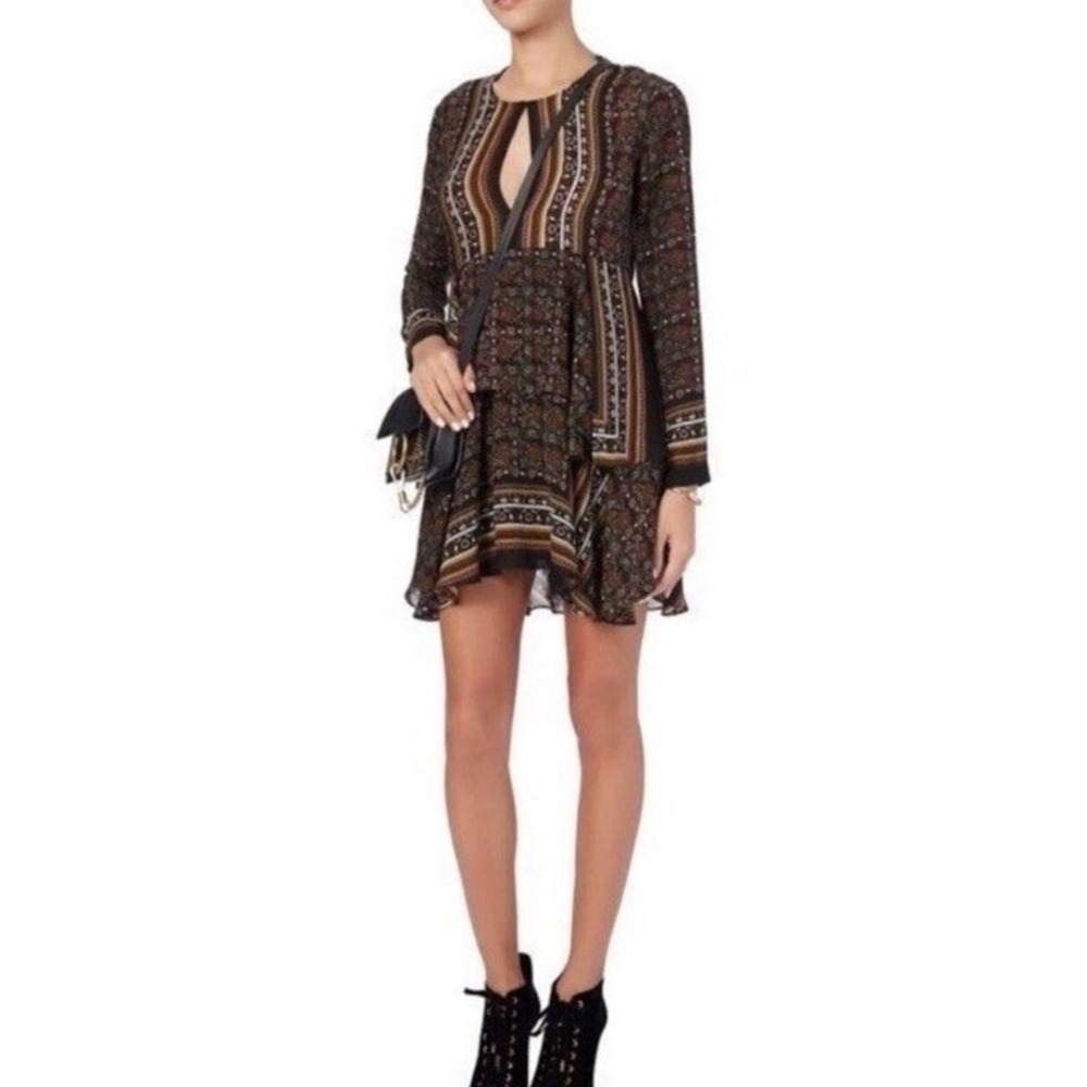 A.L.C. Vicki Scarf Print Mini Dress Silk Tiered Boho Long Sleeve 100% Silk Sz 6